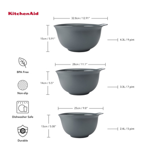 KitchenAid 3 Piece Charcoal Grey Nesting Mixing Bowl Set